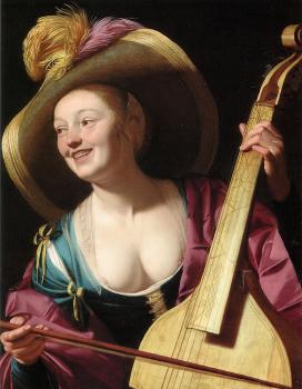 Gerrit Van Honthorst : A young woman playing a viola da gamba